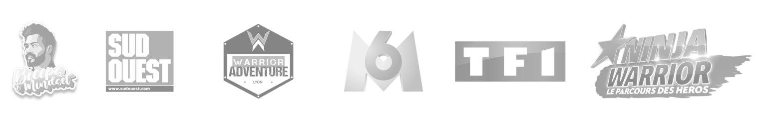 Logos médias : Biceps & Mindset, Sud Ouest, Warrior Adventure, M6, TF1, Ninja Warrior